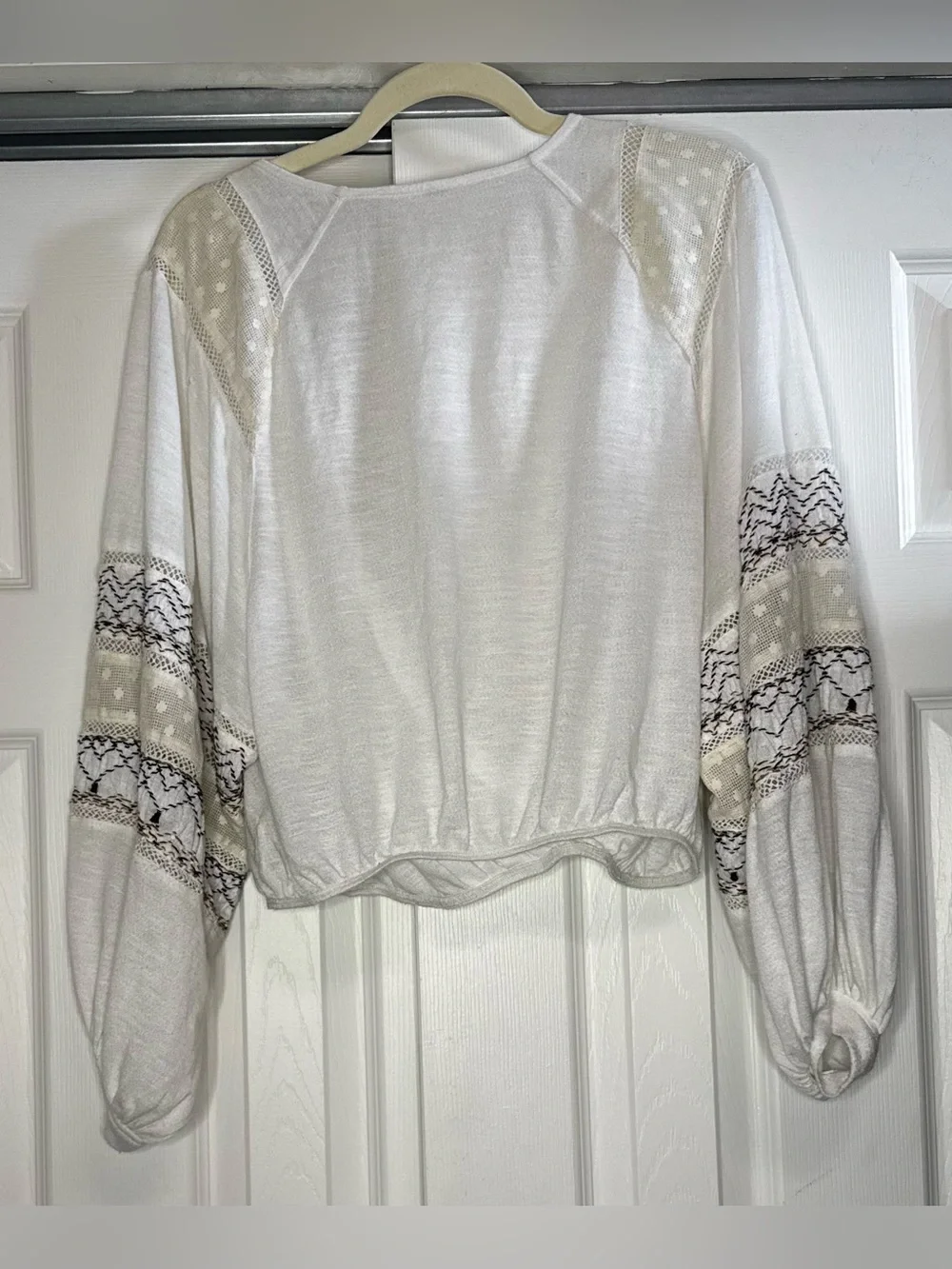 Free People White with Black Embroidered Sleeves Draped V-Neck Blouse - Size M?